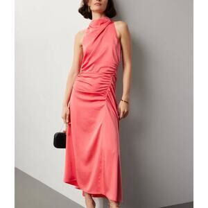 A.L.C. Coral Satin Halter Gown Size 6 Cocktail Asymmetric Ruched Midi Dress $500